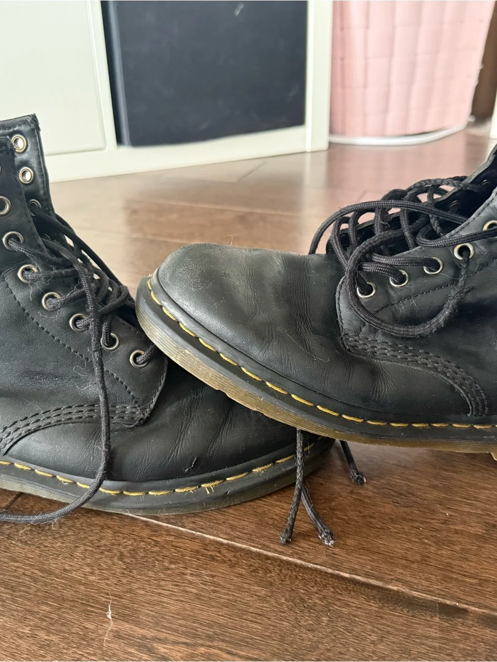 Doc Martens Black Leather Lace-Up Boots with Yellow Stitching